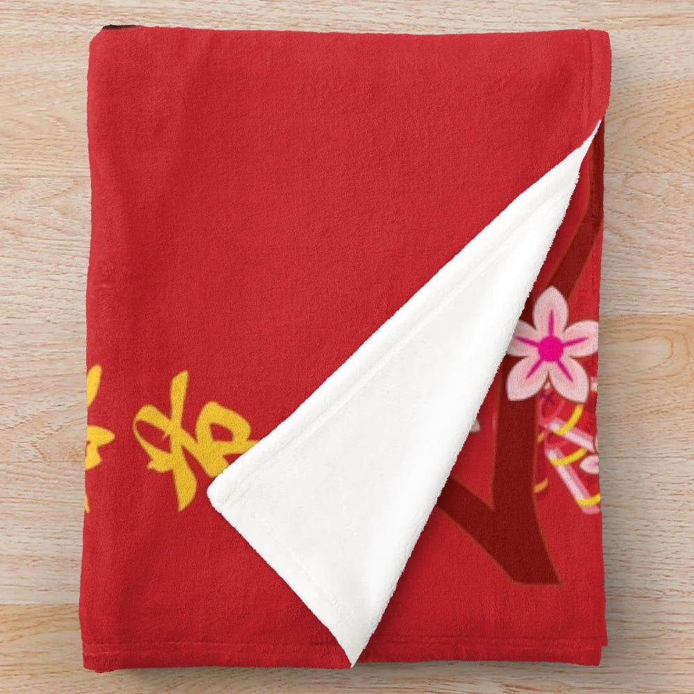 Red plush blanket with Chinese lion dance character design