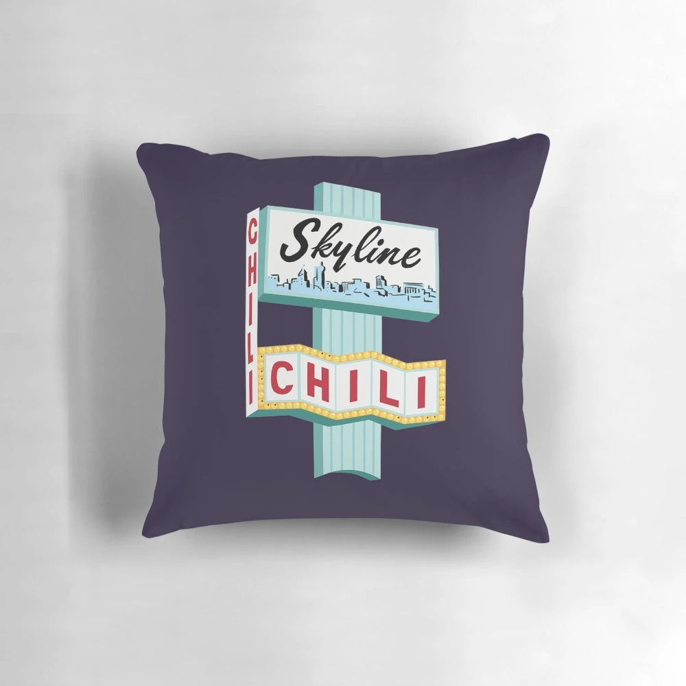 Pillow featuring the Cincinnati skyline and Skyline Chili sign on Ludlow Ave