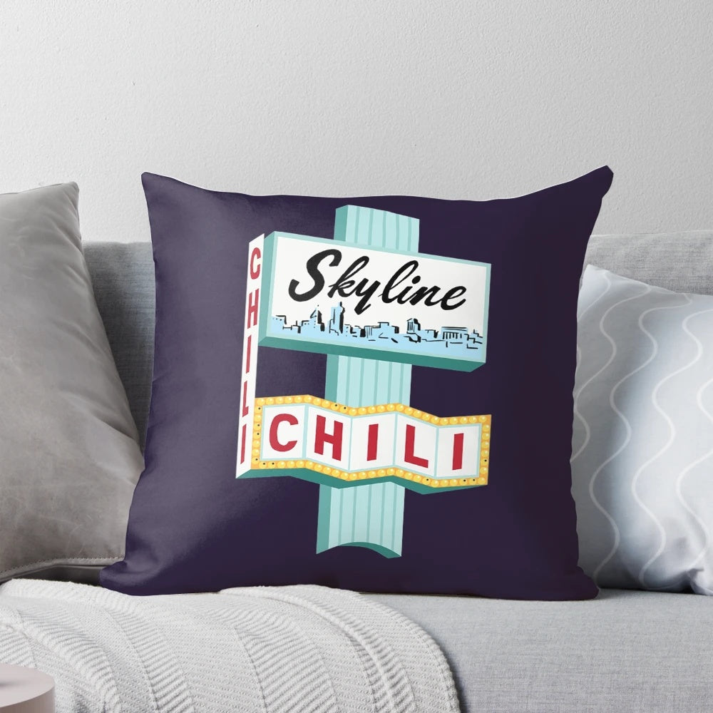 Pillow featuring the Cincinnati skyline and Skyline Chili sign on Ludlow Ave