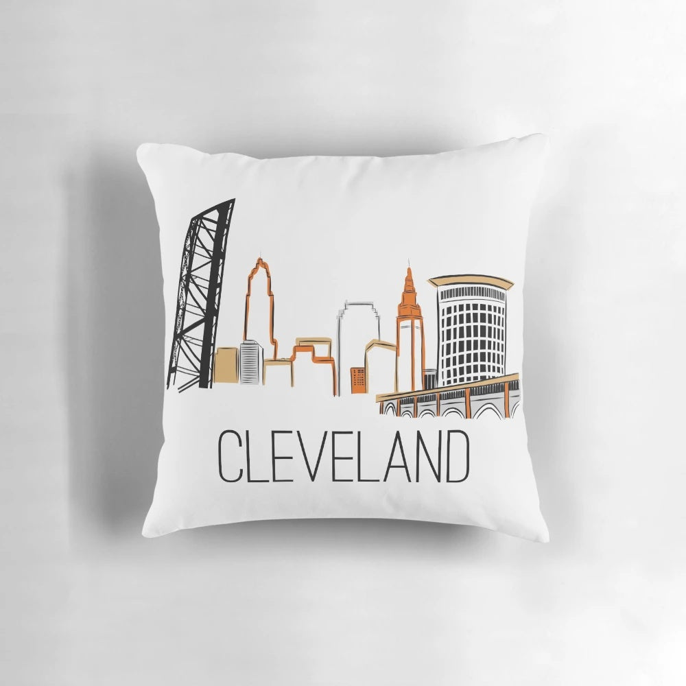 CLE Skyline III Pillow featuring the iconic Cleveland, Ohio skyline along Lake Erie
