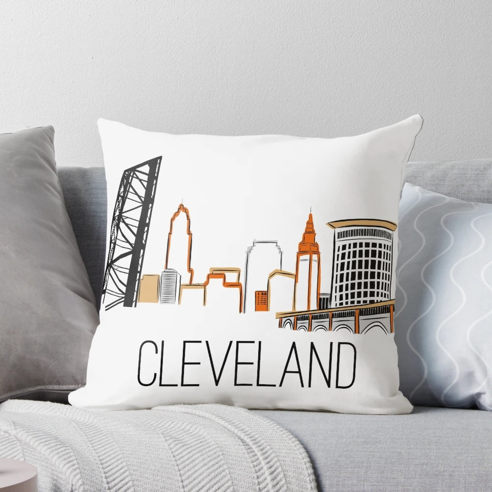 CLE Skyline III Pillow featuring the iconic Cleveland, Ohio skyline along Lake Erie