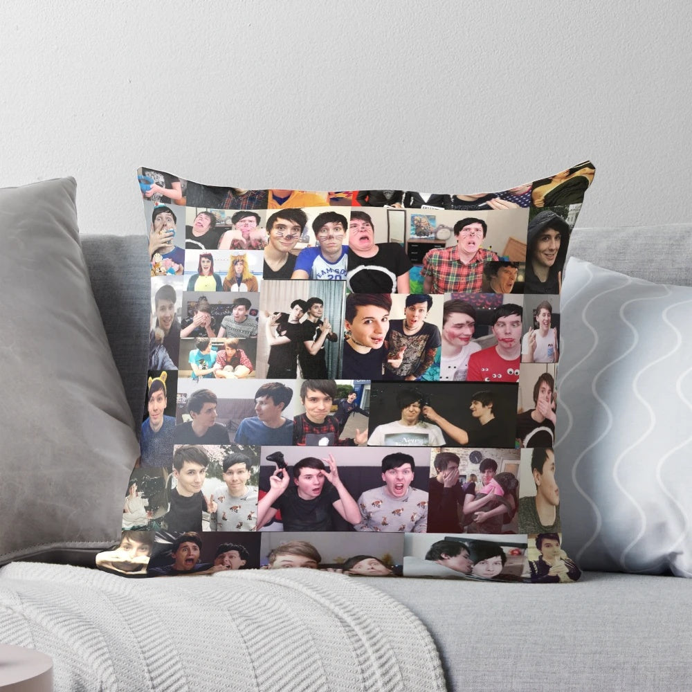 Colorful collage pillow featuring popular YouTube personalities Dan Howell and Phil Lester
