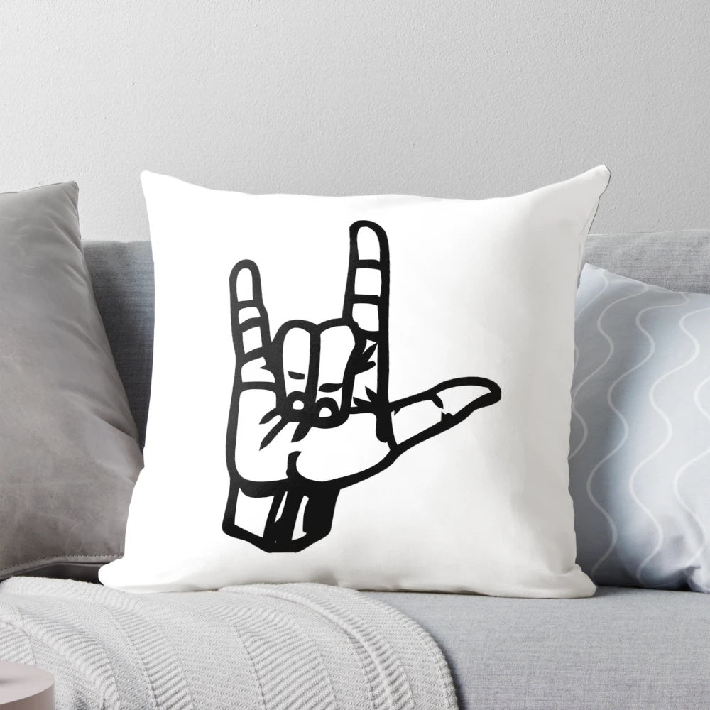 An I Love You pillow in American Sign Language (ASL) and British Sign Language (BSL)