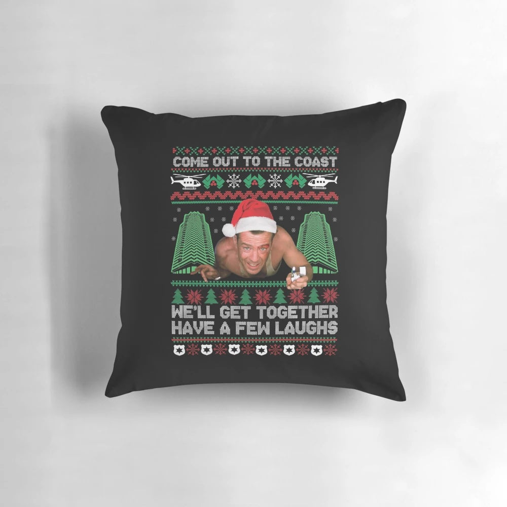 Die Hard themed Christmas pillow with movie quotes