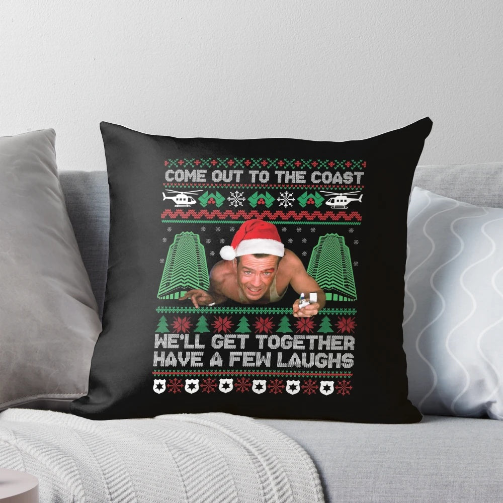 Die Hard themed Christmas pillow with movie quotes