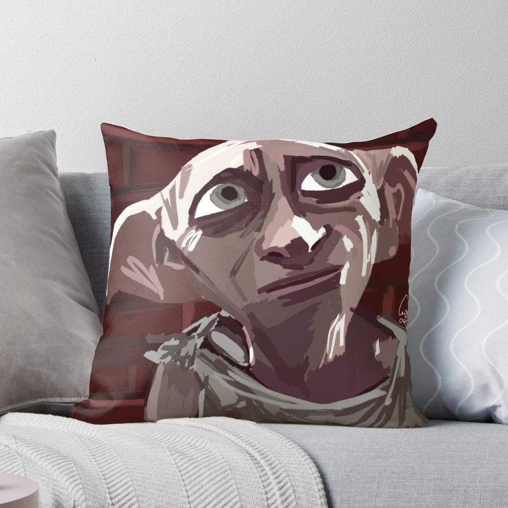 A vibrant, illustrated pillow featuring Dobby the house elf from the Harry Potter series.