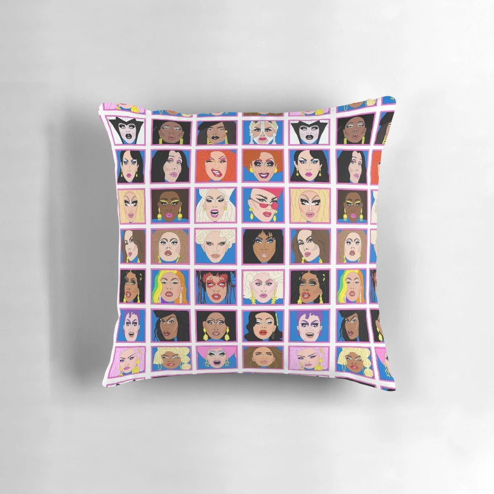 Colorful pillow featuring the winners of RuPaul's Drag Race