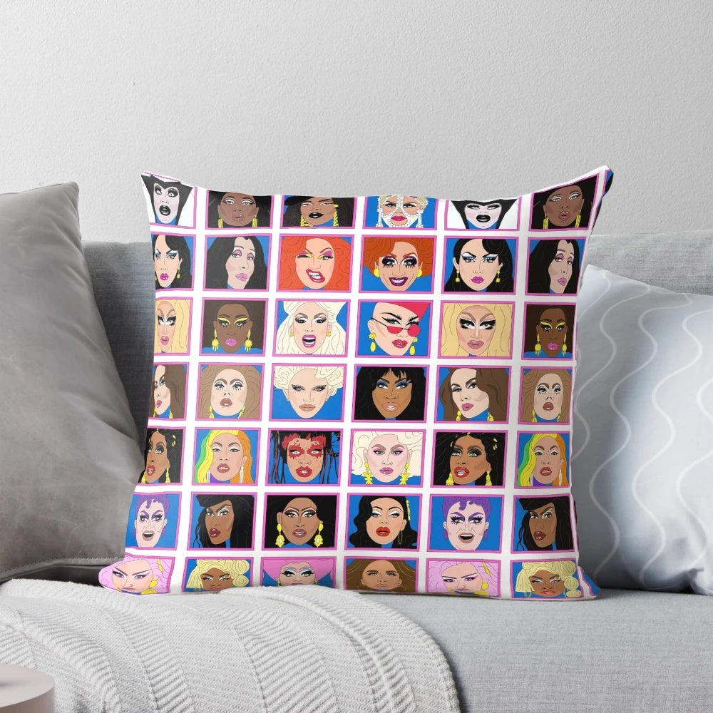 Colorful pillow featuring the winners of RuPaul's Drag Race