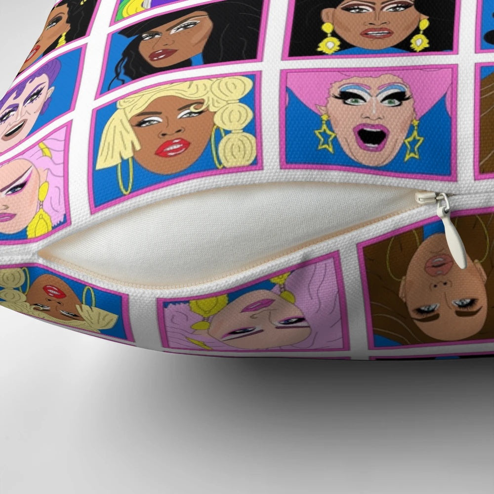 Colorful pillow featuring the winners of RuPaul's Drag Race