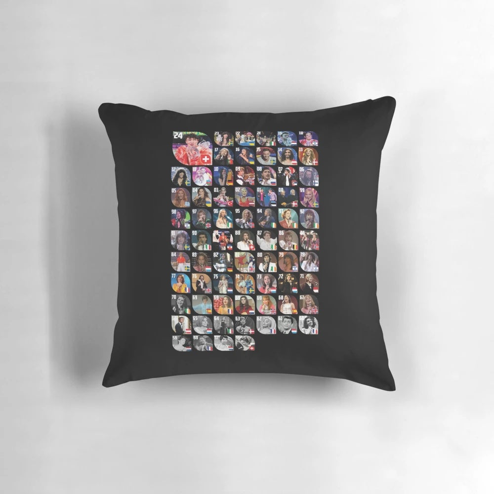 ESC: The Winners Pillow featuring designs inspired by Eurovision Song Contest winning performances and artists.