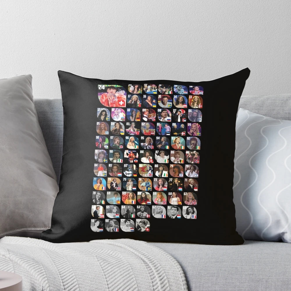 ESC: The Winners Pillow featuring designs inspired by Eurovision Song Contest winning performances and artists.