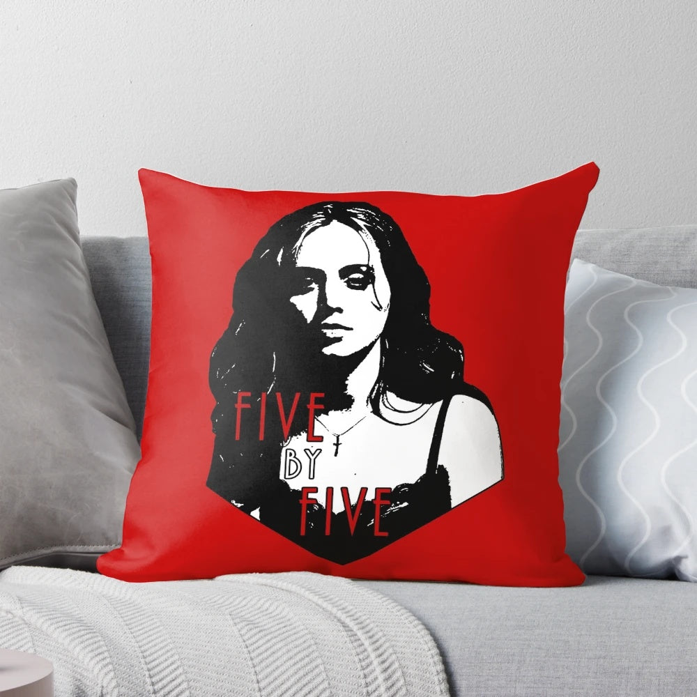 "Five by Five" Pillow featuring a design inspired by the iconic character Faith Lehane from Buffy the Vampire Slayer