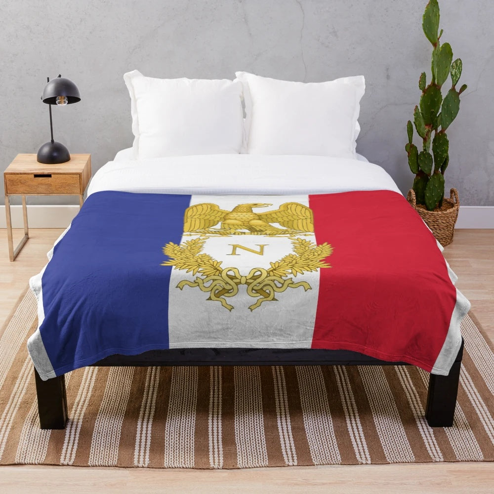 Plush blanket featuring the French flag and image of Napoleon Bonaparte