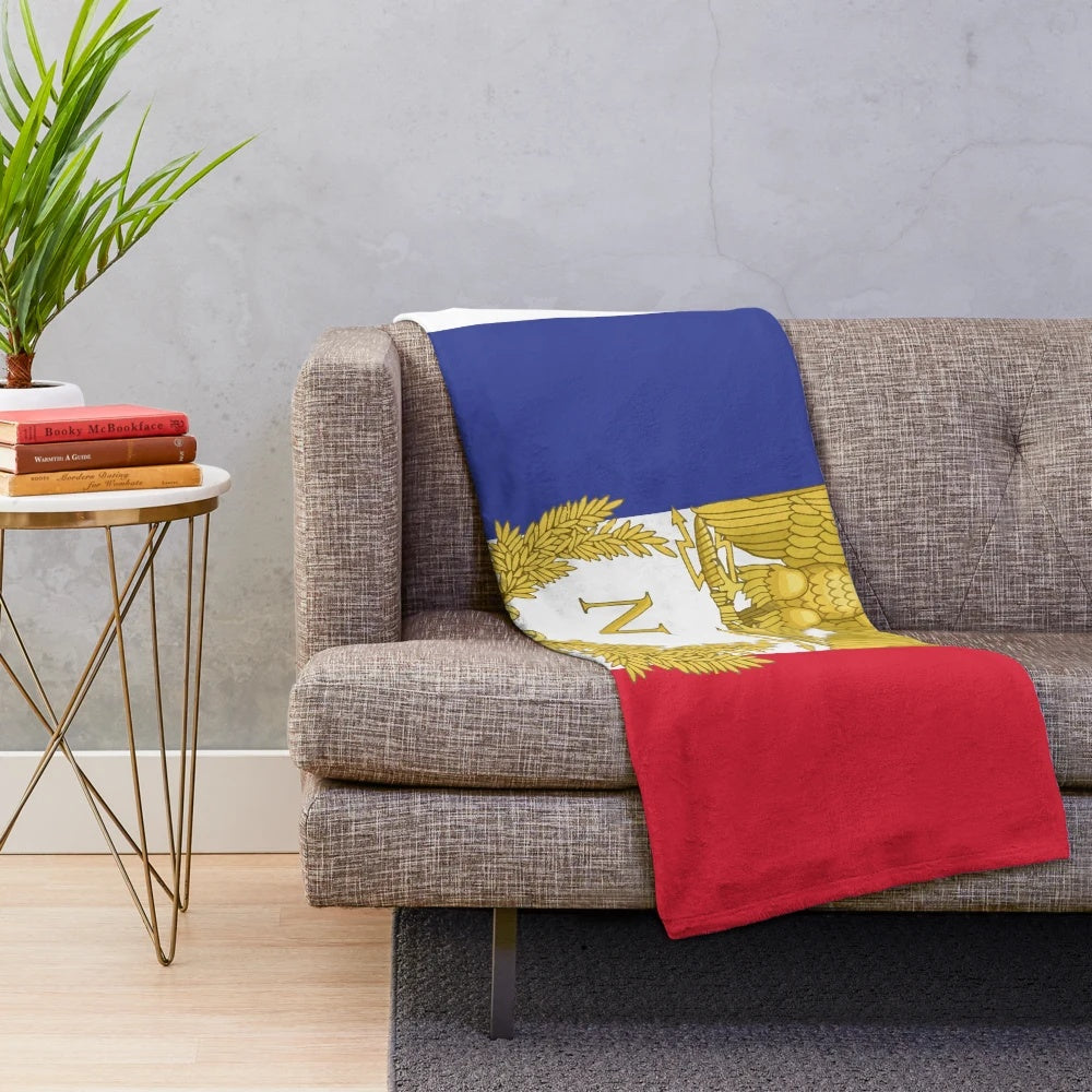 Plush blanket featuring the French flag and image of Napoleon Bonaparte