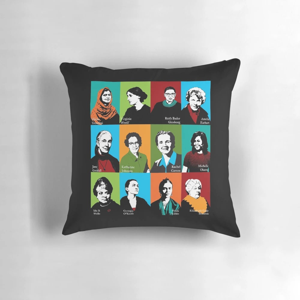Feminist Icons Pillow featuring portraits of Ruth Bader Ginsburg, Michelle Obama, and other influential women