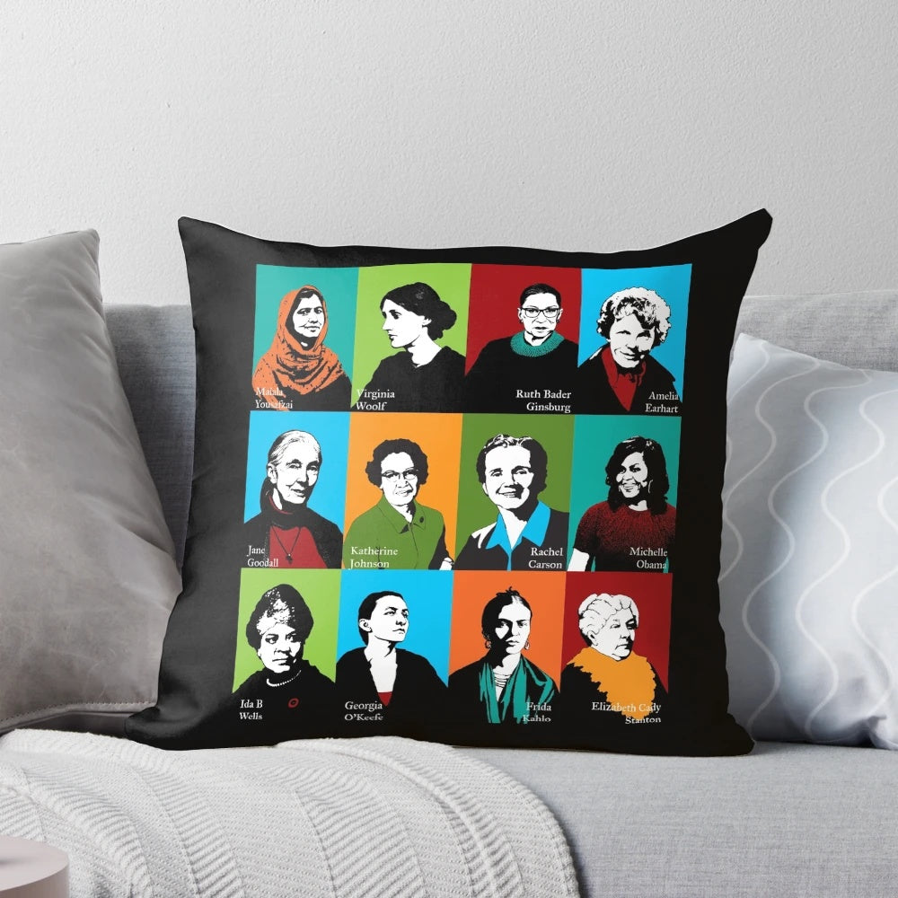 Feminist Icons Pillow featuring portraits of Ruth Bader Ginsburg, Michelle Obama, and other influential women