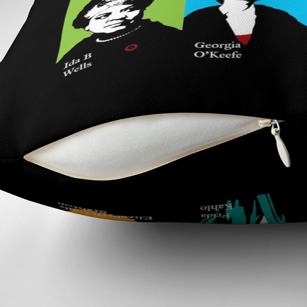 Feminist Icons Pillow featuring portraits of Ruth Bader Ginsburg, Michelle Obama, and other influential women