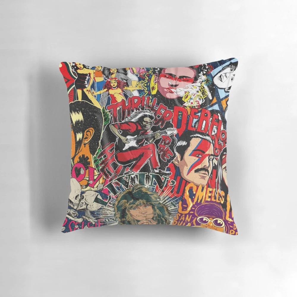 LEGENDS Pillow featuring a collage of famous musicians, singers, and artists