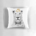 A colorful, illustrated pillow featuring a playful lion or lioness wearing a party hat, perfect for adding a touch of fun and whimsy to any space.