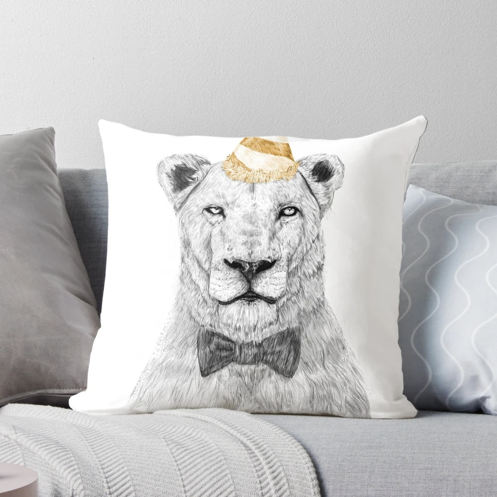 A colorful, illustrated pillow featuring a playful lion or lioness wearing a party hat, perfect for adding a touch of fun and whimsy to any space.