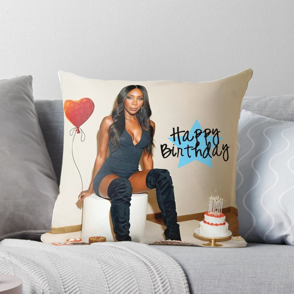 Vibrant and stylish Happy Birthday pillow featuring models Shawa and Chester