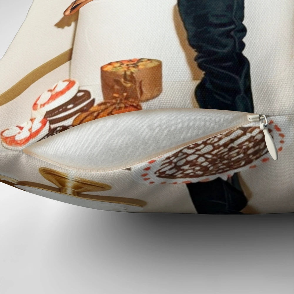 Vibrant and stylish Happy Birthday pillow featuring models Shawa and Chester