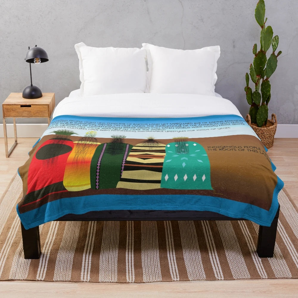 Indigenous people plush blanket featuring traditional plants and cultural elements