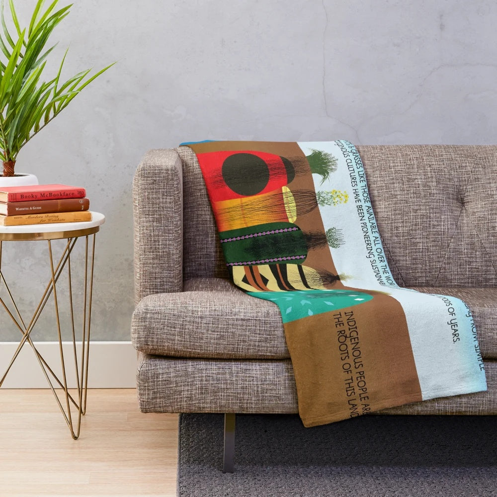 Indigenous people plush blanket featuring traditional plants and cultural elements
