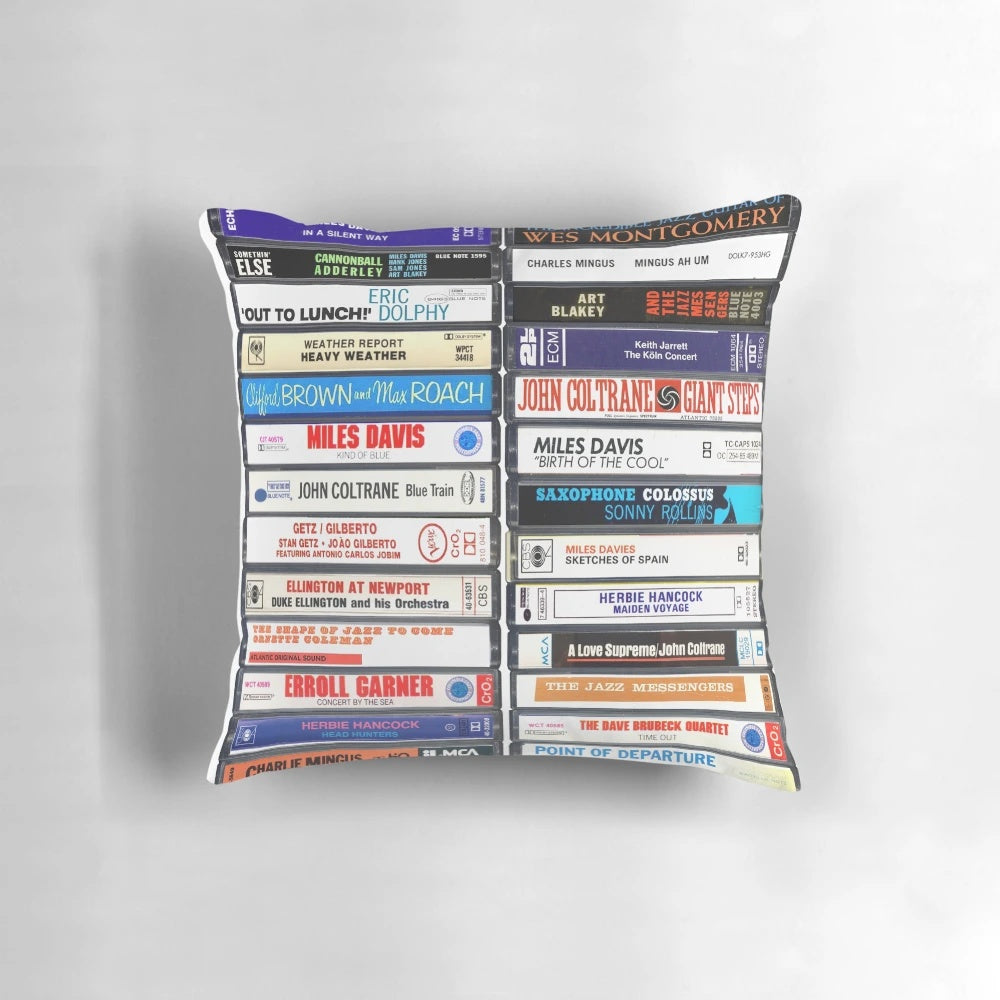 A throw pillow featuring classic jazz album covers, perfect for jazz music enthusiasts.