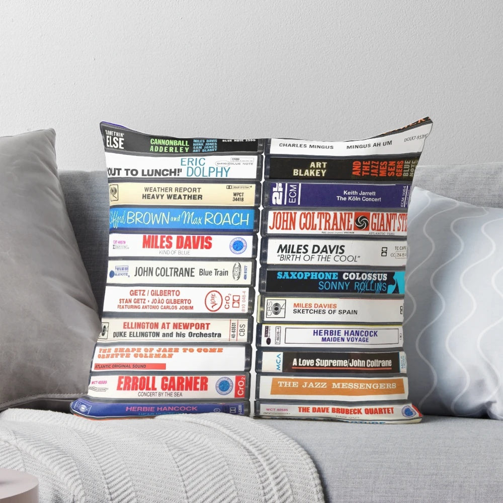 A throw pillow featuring classic jazz album covers, perfect for jazz music enthusiasts.