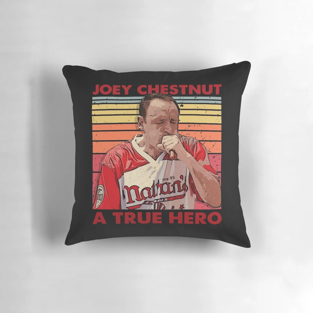 Soft, comfortable pillow featuring Joey Chestnut, the legendary hot dog eating champion