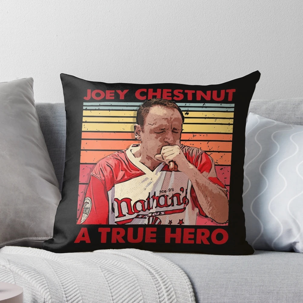 Soft, comfortable pillow featuring Joey Chestnut, the legendary hot dog eating champion