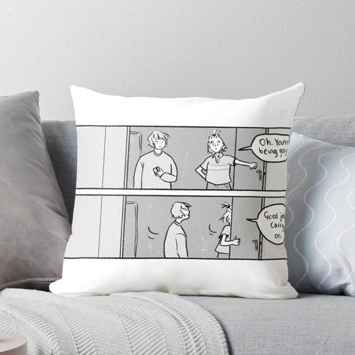 "Colorful pride-themed pillow with text reading 'Oh, you're being gay. Good job, carry on.'"