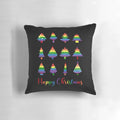 A colorful Christmas pillow with a rainbow design, symbolizing LGBTQ+ pride and inclusivity.