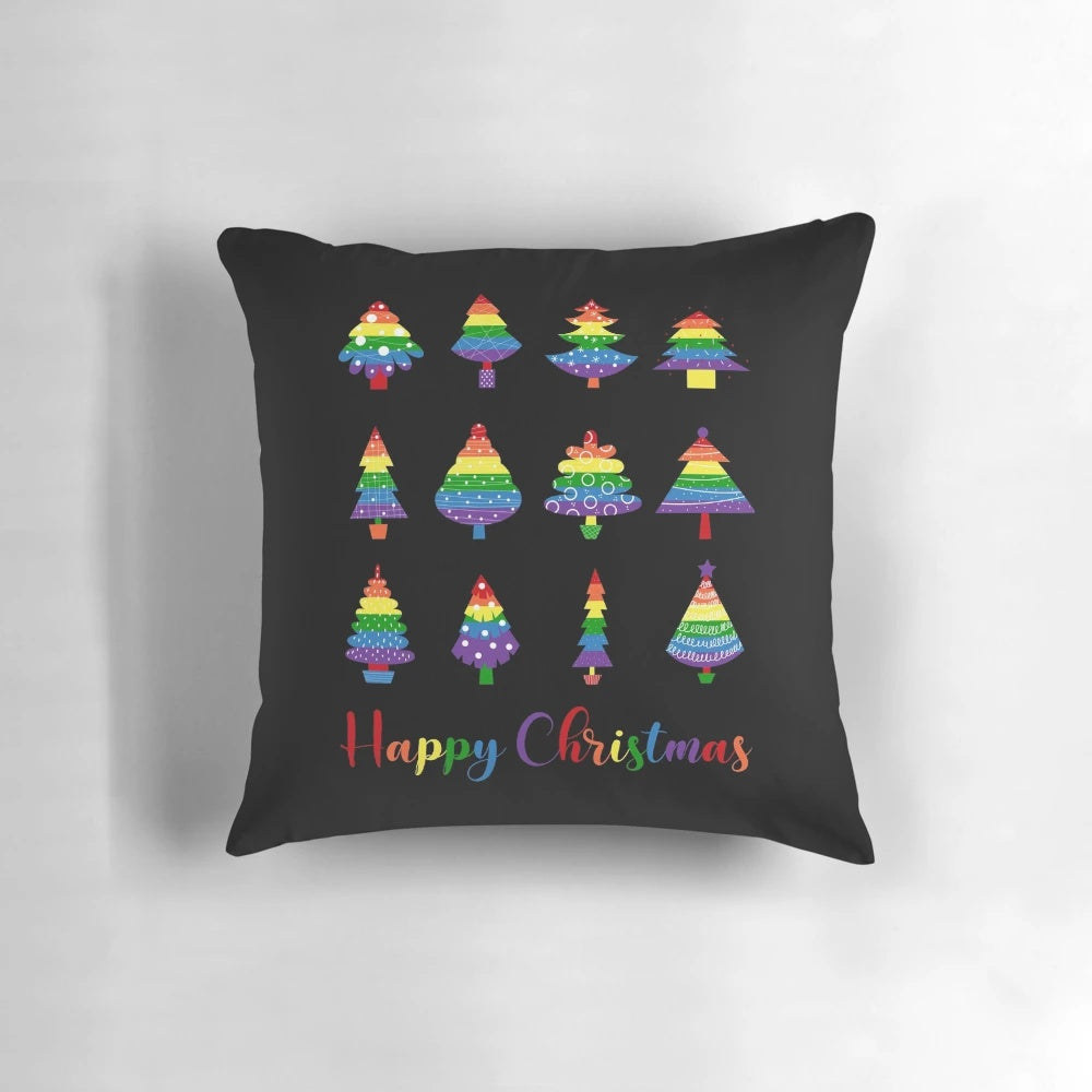 A colorful Christmas pillow with a rainbow design, symbolizing LGBTQ+ pride and inclusivity.