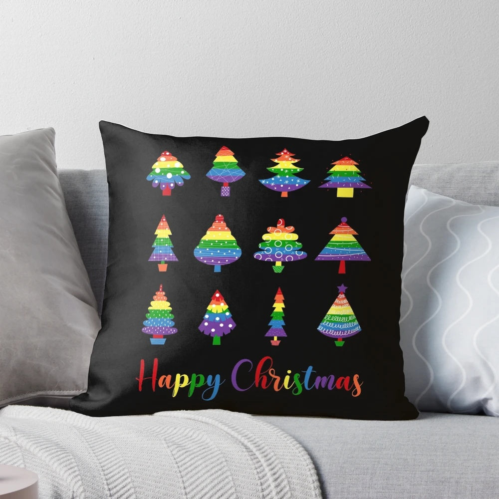A colorful Christmas pillow with a rainbow design, symbolizing LGBTQ+ pride and inclusivity.