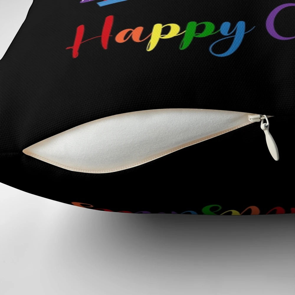 A colorful Christmas pillow with a rainbow design, symbolizing LGBTQ+ pride and inclusivity.