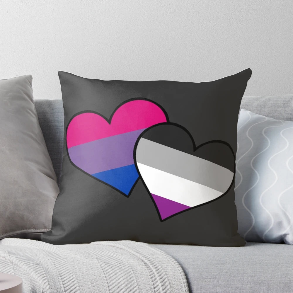 Colorful pillow with bisexual and asexual pride flags in a heart shape