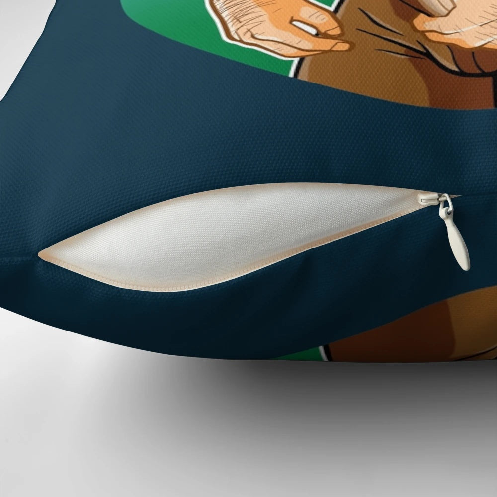 A vibrant, inclusive pillow featuring a bear character surrounded by colorful pride-themed elements.