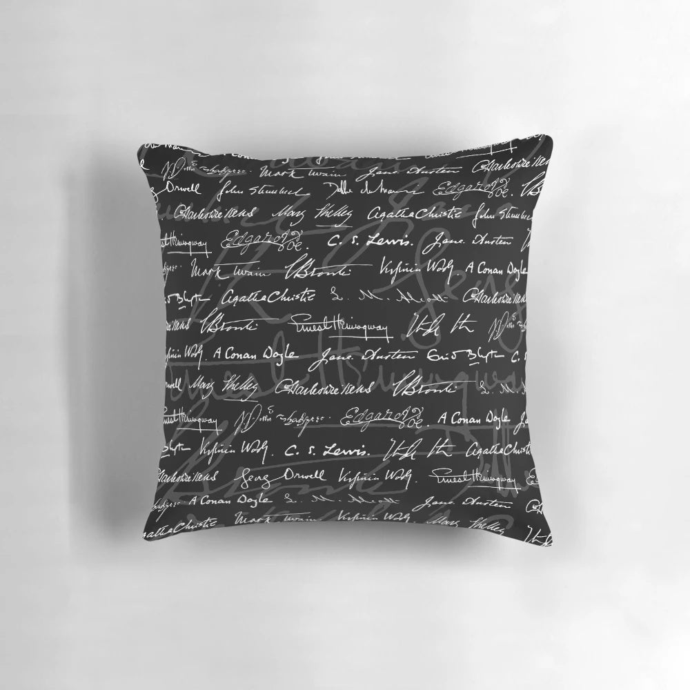 Pillow featuring a pattern of famous literary figures and book motifs