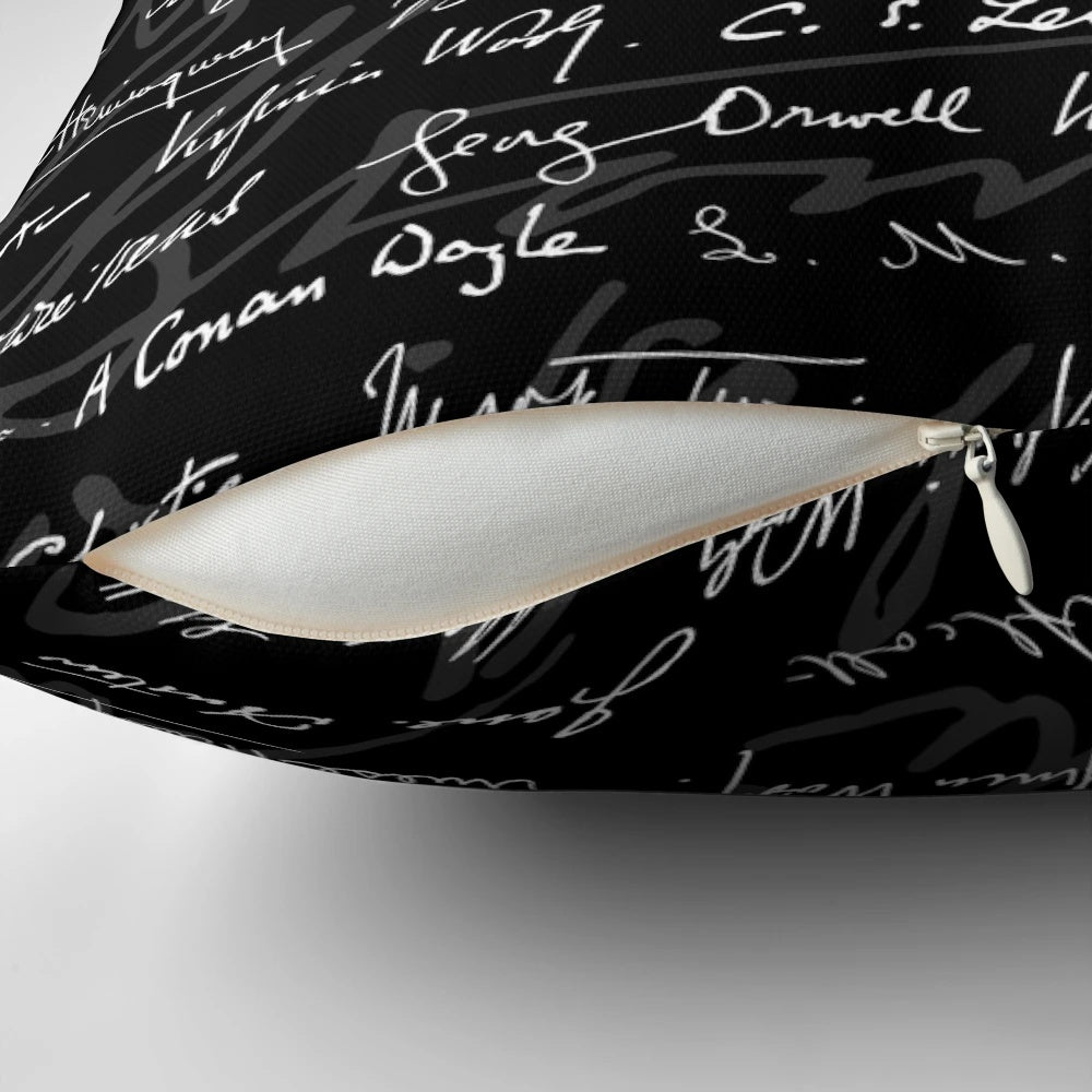 Pillow featuring a pattern of famous literary figures and book motifs