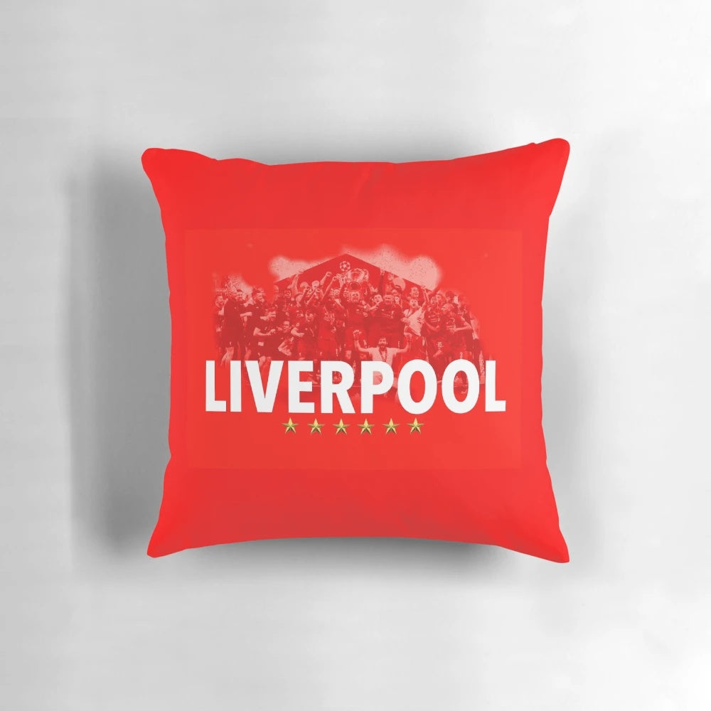 Pillow featuring the text "LIVERPOOL SIX TIMES CHAMPIONS OF EUROPE" and images of Liverpool FC players
