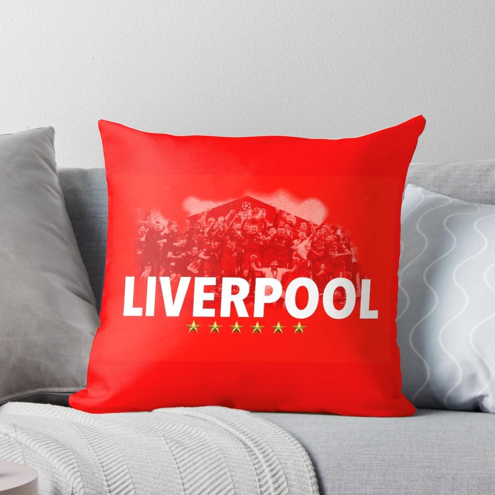 Pillow featuring the text "LIVERPOOL SIX TIMES CHAMPIONS OF EUROPE" and images of Liverpool FC players