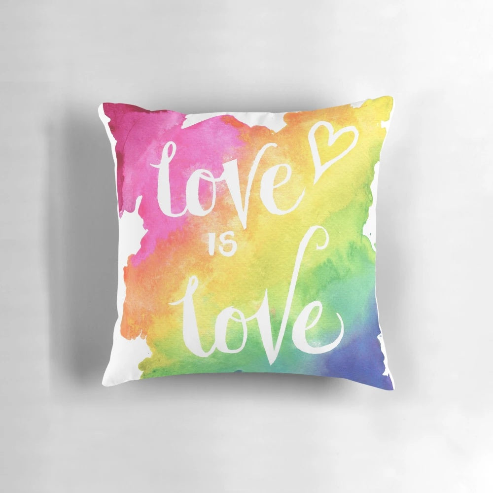 Colorful watercolor "Love is Love" pillow with rainbow design