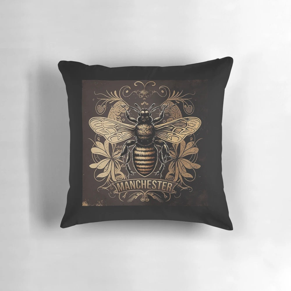 A decorative pillow featuring the iconic Manchester worker bee design, a symbol of Manchester pride.