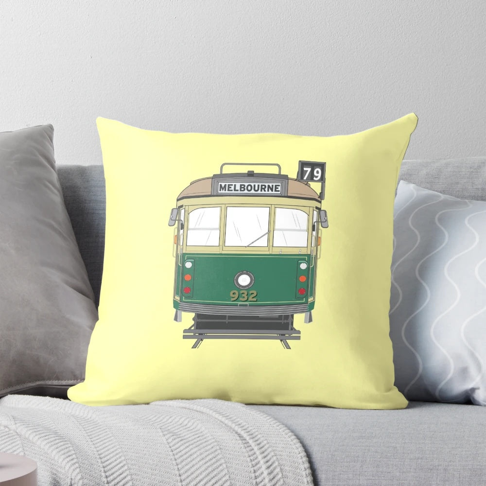 Melbourne Heritage Tram Pillow featuring a detailed vector illustration of the classic W6 tram