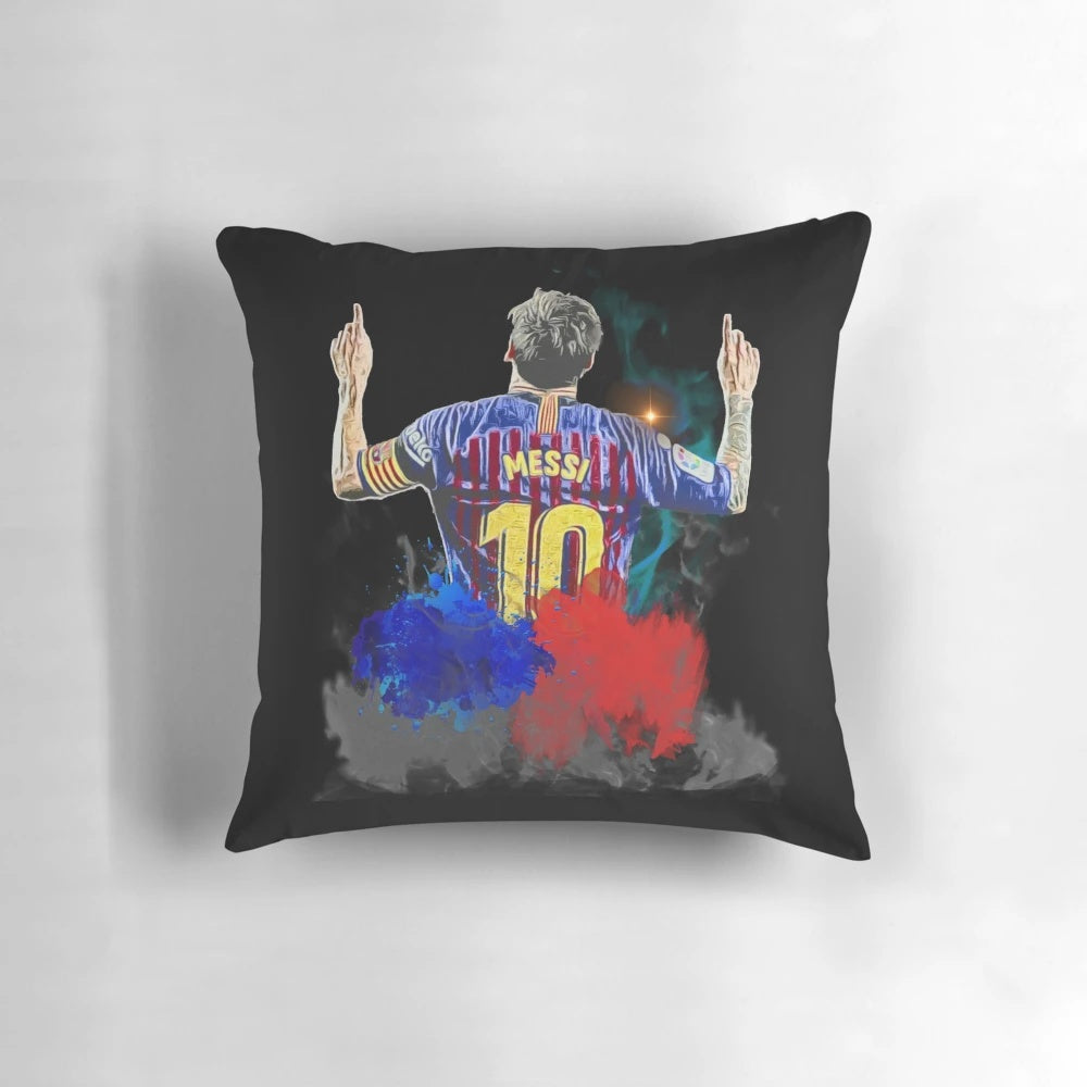 Digital artwork of Messi celebrating on a decorative pillow