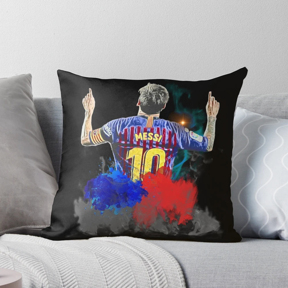 Digital artwork of Messi celebrating on a decorative pillow