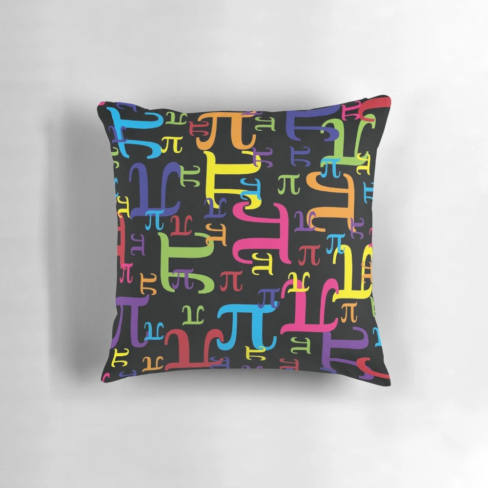 Pieces of Pi Pillow, a math-inspired, geeky home decor item featuring the symbol for pi.