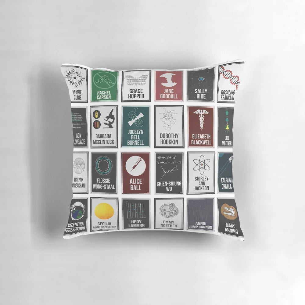 Pillow featuring portraits of 24 influential women in science and STEM fields